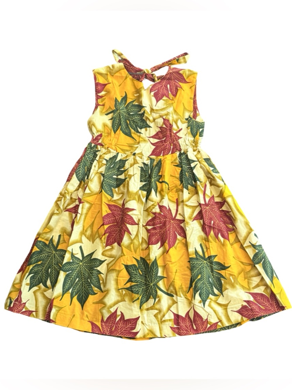 Yellow Leaf-Print Sleeveless Midi Dress with Cross-Back Straps